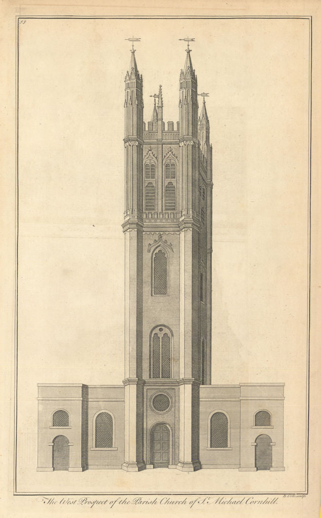 The Parish Church of St Michael Cornhill by Benjamin Cole 1760 old print